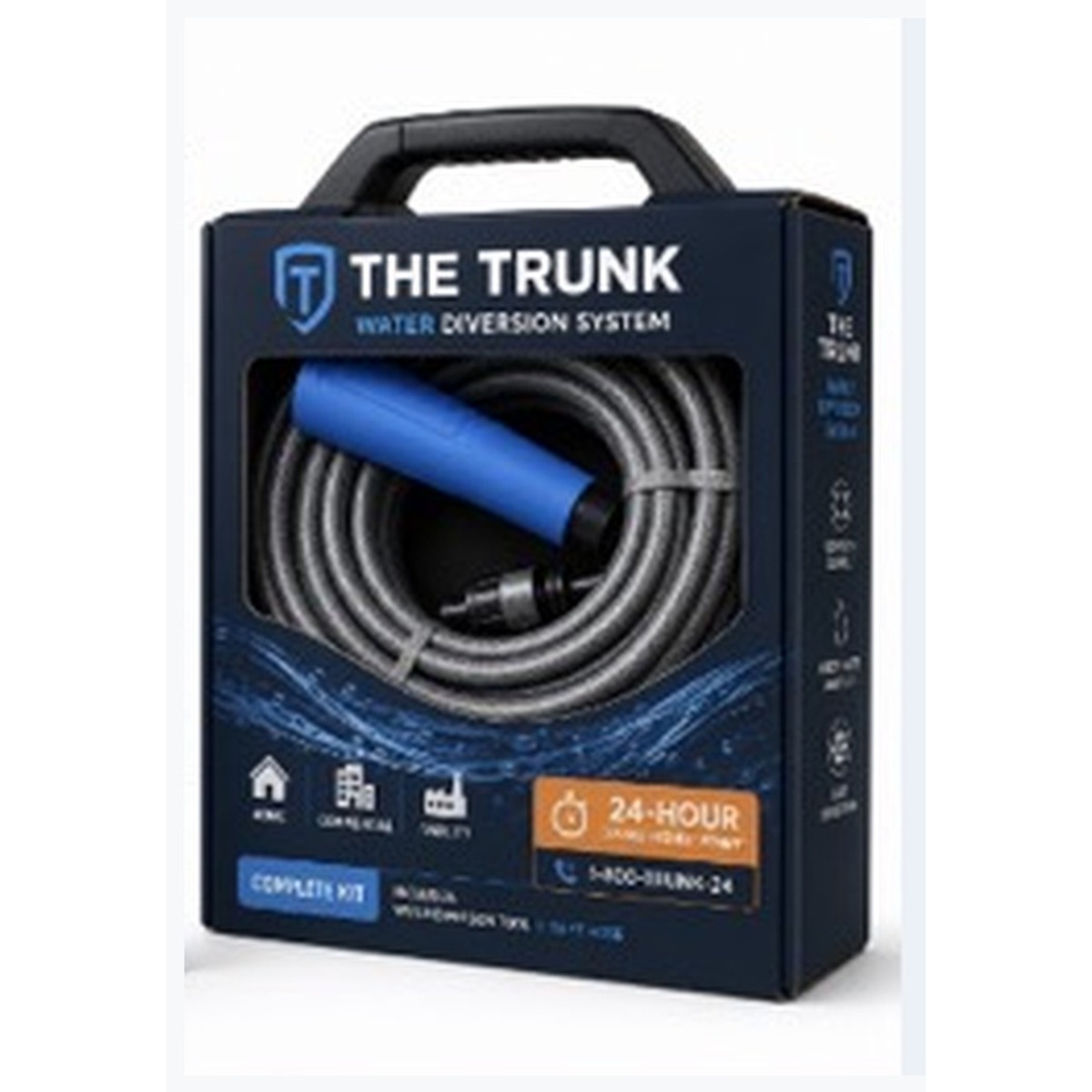 The Trunk Complete Kit retail package: a navy carry-handle box showing the blue tool and the coiled 50-foot hose through the window